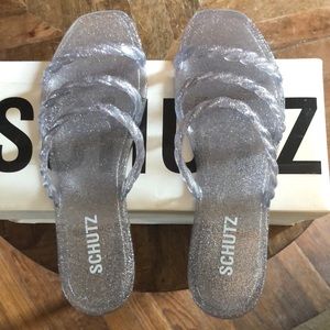 SCHUTZ Diana Silver Glitter Braided Jelly Sandals 8 NWT, no box, with dust bag